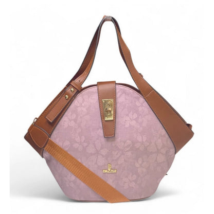 Generic Women's Polyurethane Floral Printed Hexagonal Satchel Handbag with Adjustable Strap (Pink)