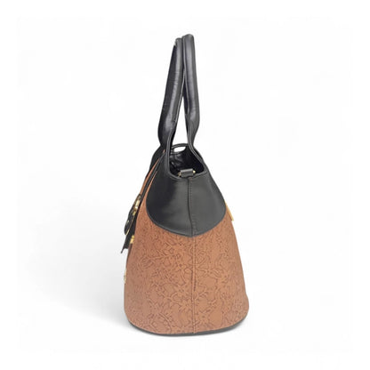 Generic Women's Polyurethane Textured Two-Tone Tote Handbag with Adjustable &amp; Removable Strap (Brown)