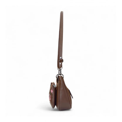 Generic Women's Polyurethane Floral Embroidered Crossbody Sling Bag with Adjustable &amp; Removable Strap (Brown)