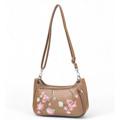 Generic Women's Polyurethane Floral Embroidered Crossbody Sling Bag with Adjustable &amp; Removable Strap (Tan)