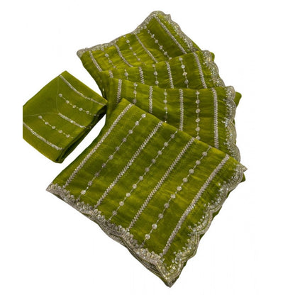 Generic Women's Jimmy Choo Embellished Saree With Unstitched Blouse 5.5Mtr (Olive Green)