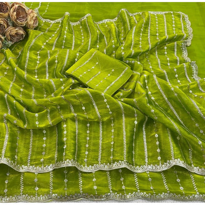 Generic Women's Jimmy Choo Embellished Saree With Unstitched Blouse 5.5Mtr (Olive Green)