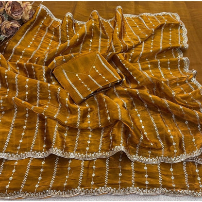 Generic Women's Jimmy Choo Embellished Saree With Unstitched Blouse 5.5Mtr�(Mustard)