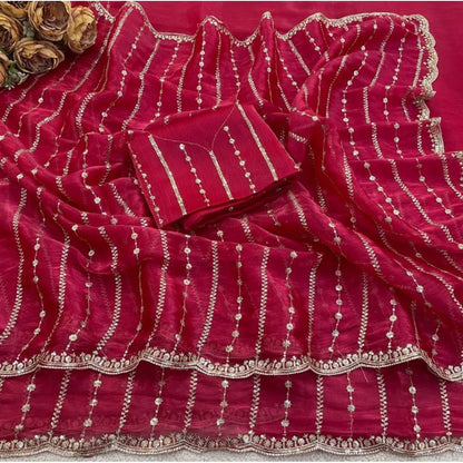 Generic Women's Jimmy Choo Embellished Saree With Unstitched Blouse 5.5Mtr�(Pink)