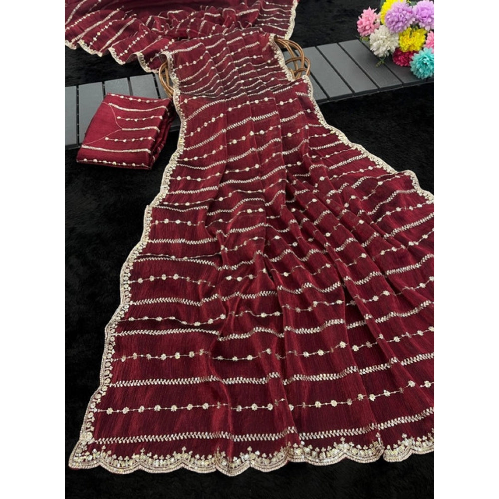 Generic Women's Jimmy Choo Embellished Saree With Unstitched Blouse 5.5Mtr�(Maroon)