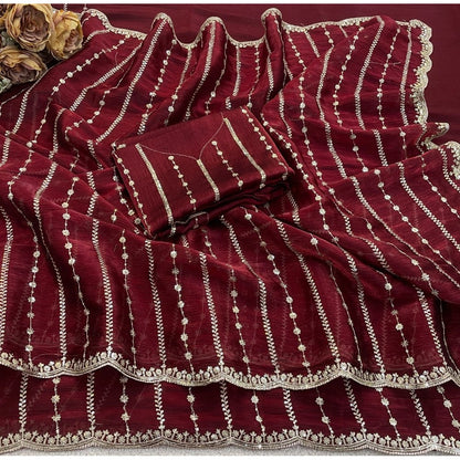 Generic Women's Jimmy Choo Embellished Saree With Unstitched Blouse 5.5Mtr�(Maroon)