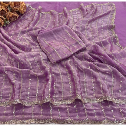 Generic Women's Jimmy Choo Embellished Saree With Unstitched Blouse 5.5Mtr�(Lavender)