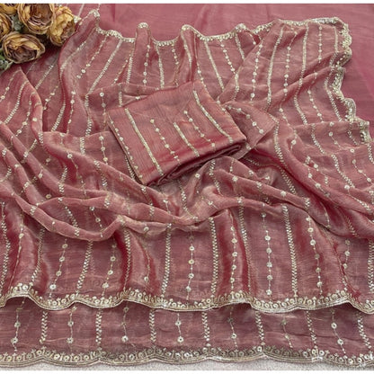 Generic Women's Jimmy Choo Embellished Saree With Unstitched Blouse 5.5Mtr�(Pink)