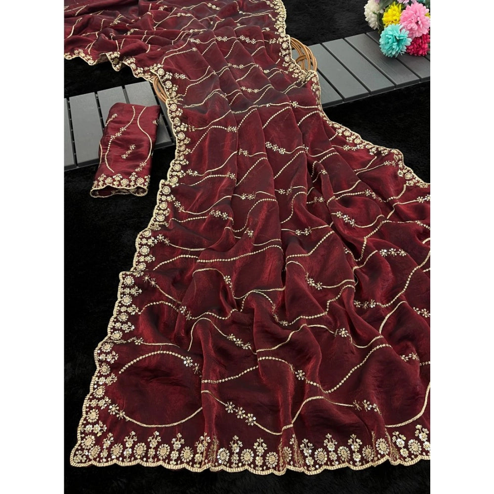 Generic Women's Jimmy Choo Embellished Saree With Unstitched Blouse 5.5Mtr�(Maroon)
