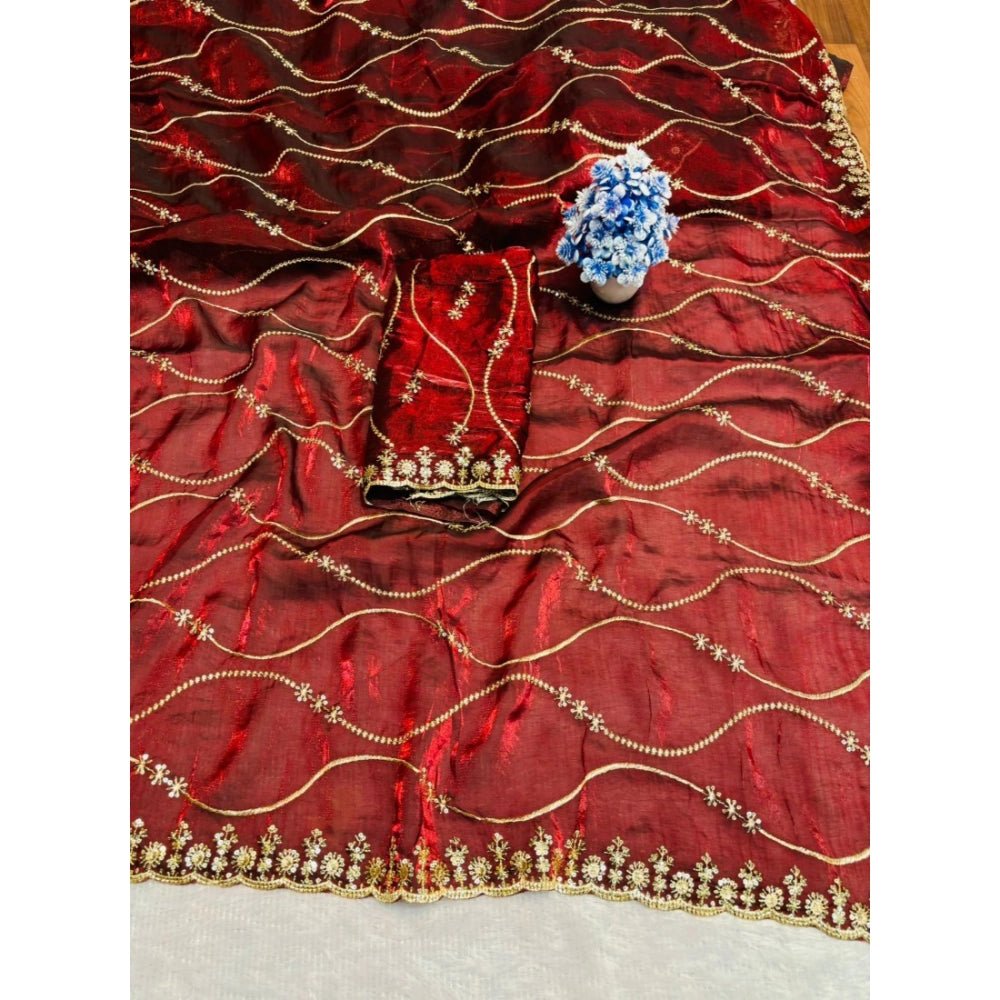 Generic Women's Jimmy Choo Embellished Saree With Unstitched Blouse 5.5Mtr�(Maroon)