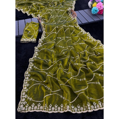Generic Women's Jimmy Choo Embellished Saree With Unstitched Blouse 5.5Mtr�(Mehendi-Green)