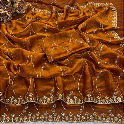 Generic Women's Jimmy Choo Embellished Saree With Unstitched Blouse 5.5Mtr�(Orange)