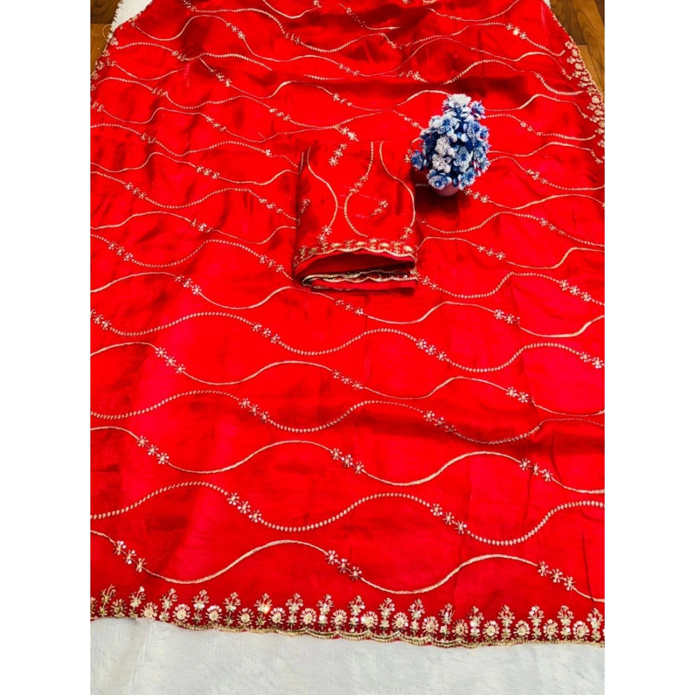 Generic Women's Jimmy Choo Embellished Saree With Unstitched Blouse 5.5Mtr�(Red)