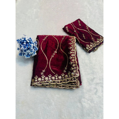 Generic Women's Jimmy Choo Embellished Saree With Unstitched Blouse 5.5Mtr�(Wine)