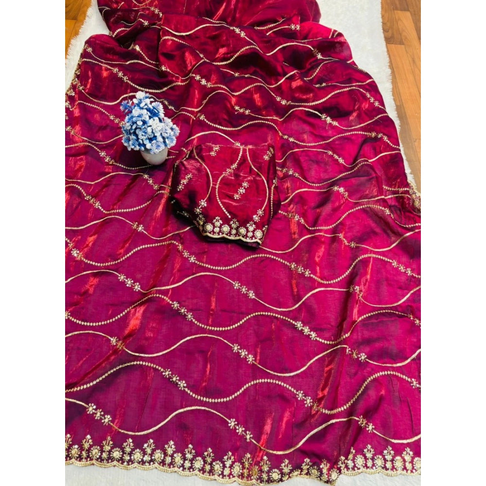 Generic Women's Jimmy Choo Embellished Saree With Unstitched Blouse 5.5Mtr�(Wine)