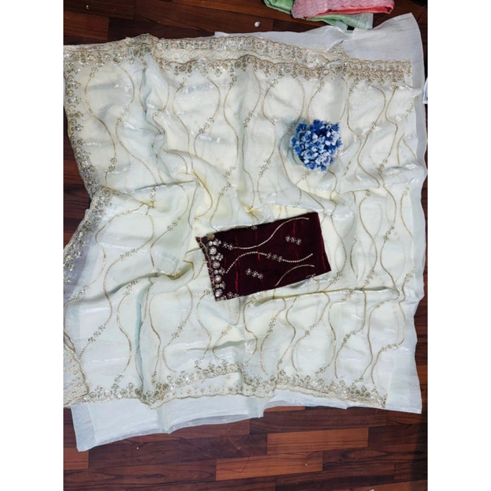 Generic Women's Jimmy Choo Embellished Saree With Unstitched Blouse 5.5Mtr�(White)