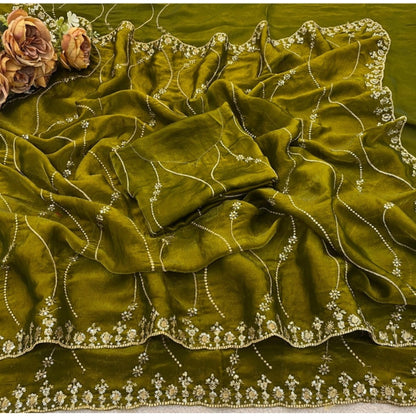 Generic Women's Jimmy Choo Embellished Saree With Unstitched Blouse 5.5Mtr�(Green)
