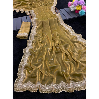 Generic Women's Satin Embellished Saree With Unstitched Blouse 5.5Mtr�(Olive-Green)
