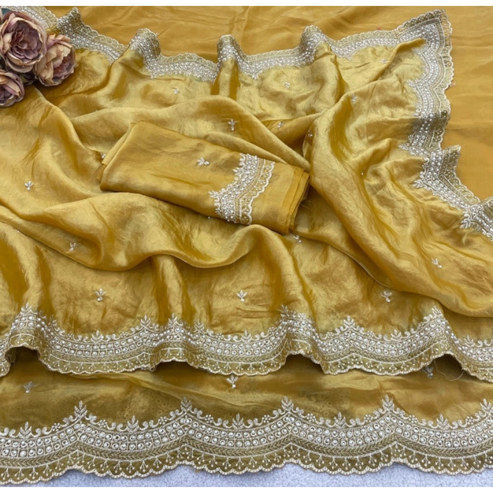 Generic Women's Satin Embellished Saree With Unstitched Blouse 5.5Mtr�(Mustard-Yellow)
