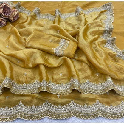 Generic Women's Satin Embellished Saree With Unstitched Blouse 5.5Mtr�(Mustard-Yellow)