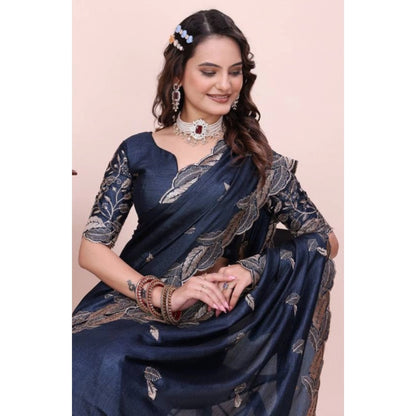 Generic Women's Georgette Embroidered Saree With Unstitched Blouse 5.5Mtr�(Navy Blue)