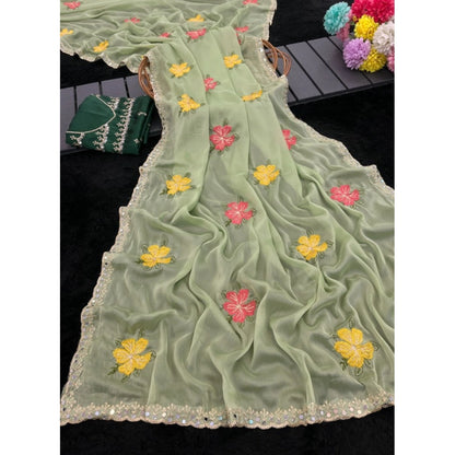 Generic Women's Georgette Embellished Saree With Unstitched Blouse 5.5Mtr�(Light Green)