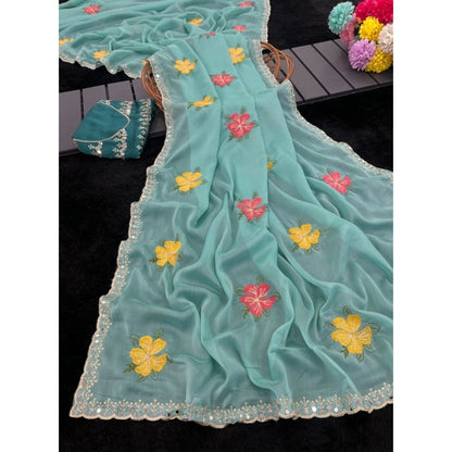 Generic Women's Georgette Embellished Saree With Unstitched Blouse 5.5Mtr�(Aqua Blue)