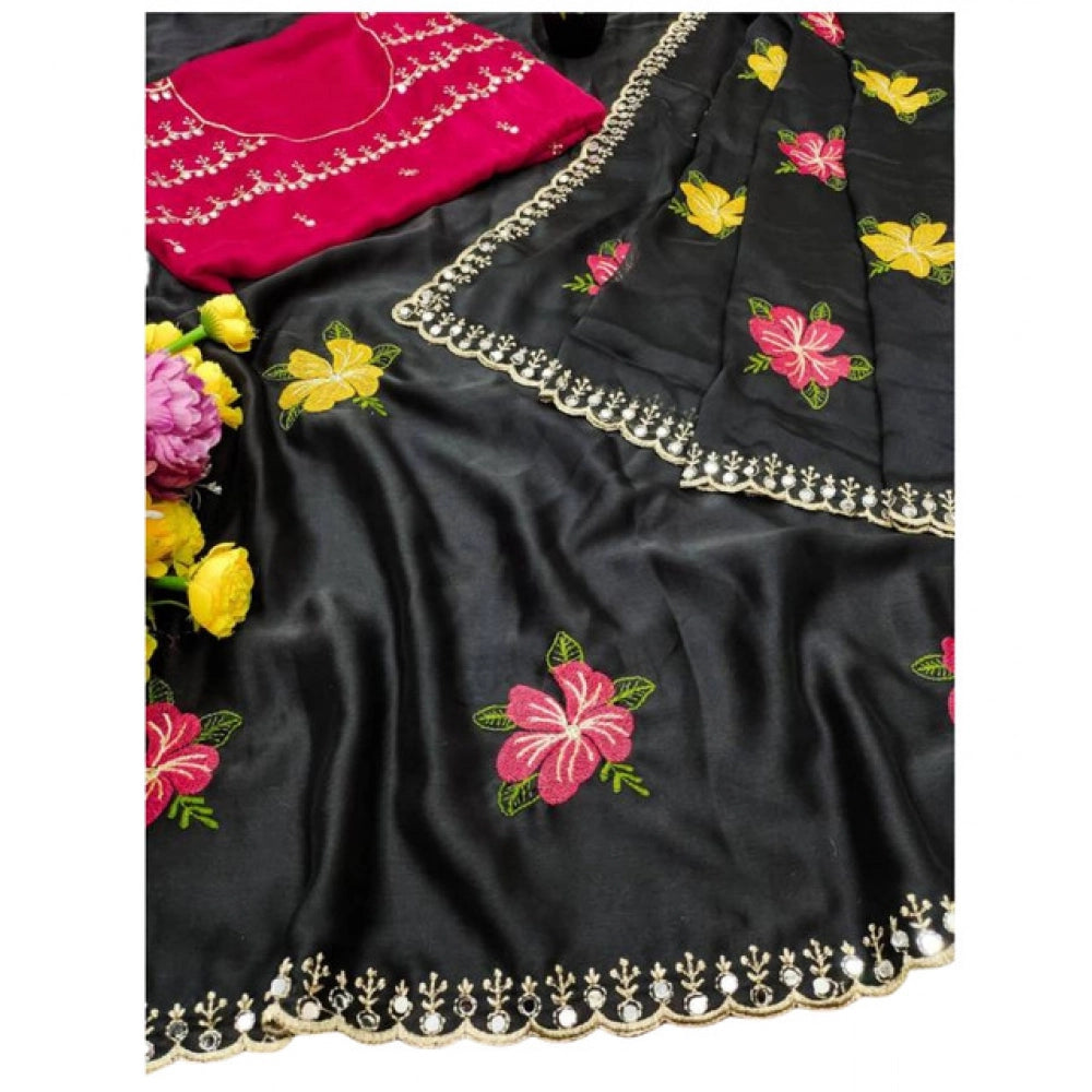 Generic Women's Georgette Embellished Saree With Unstitched Blouse 5.5Mtr�(Black)