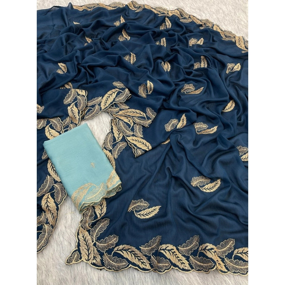 Generic Women's Chiffon Embroidered Saree With Unstitched Blouse 5.5Mtr�(Blue)