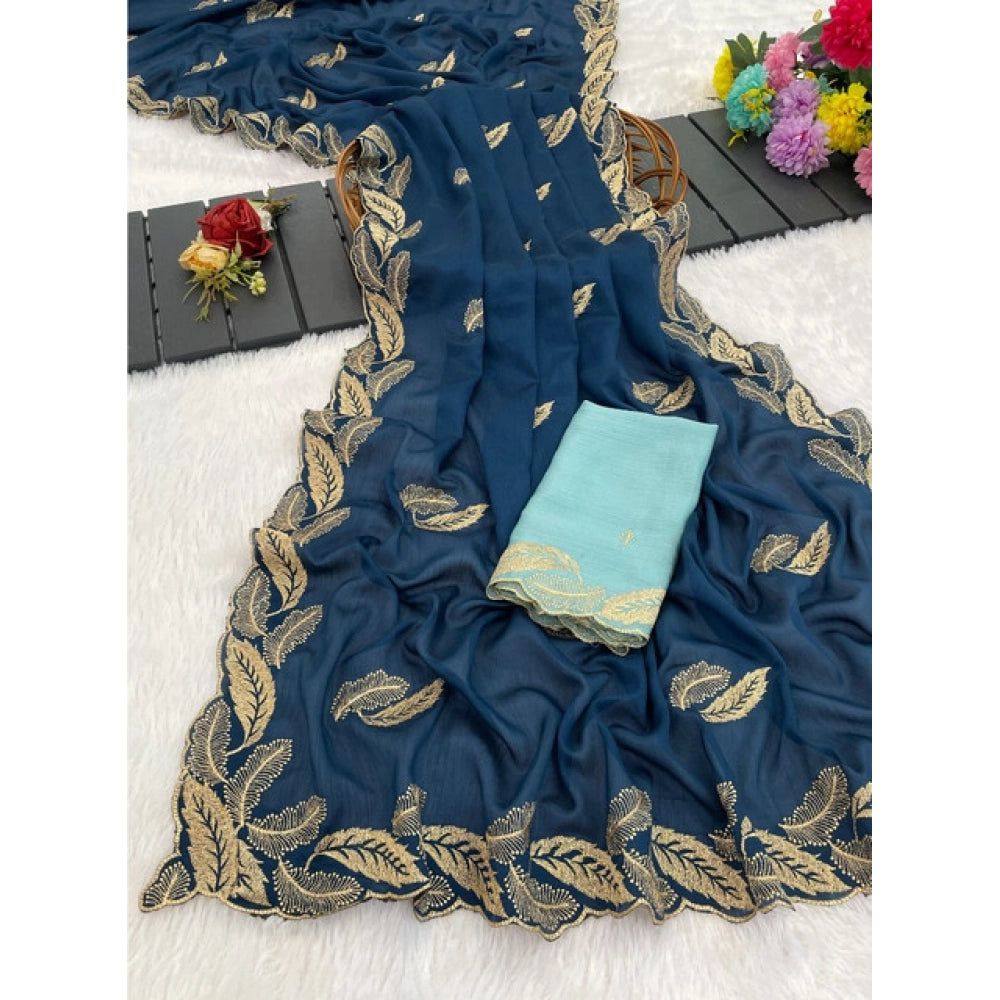 Generic Women's Chiffon Embroidered Saree With Unstitched Blouse 5.5Mtr�(Blue)