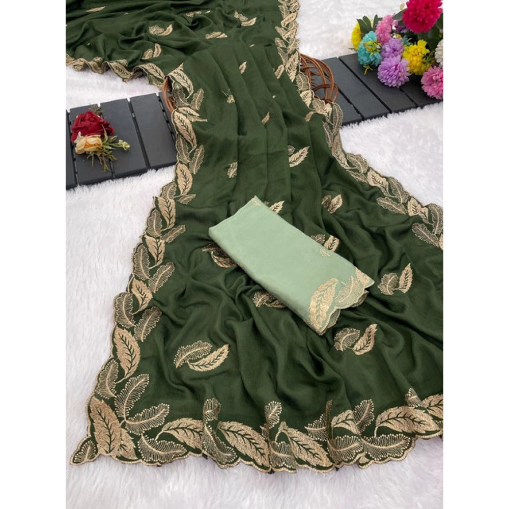 Generic Women's Chiffon Embroidered Saree With Unstitched Blouse 5.5Mtr�(Green)