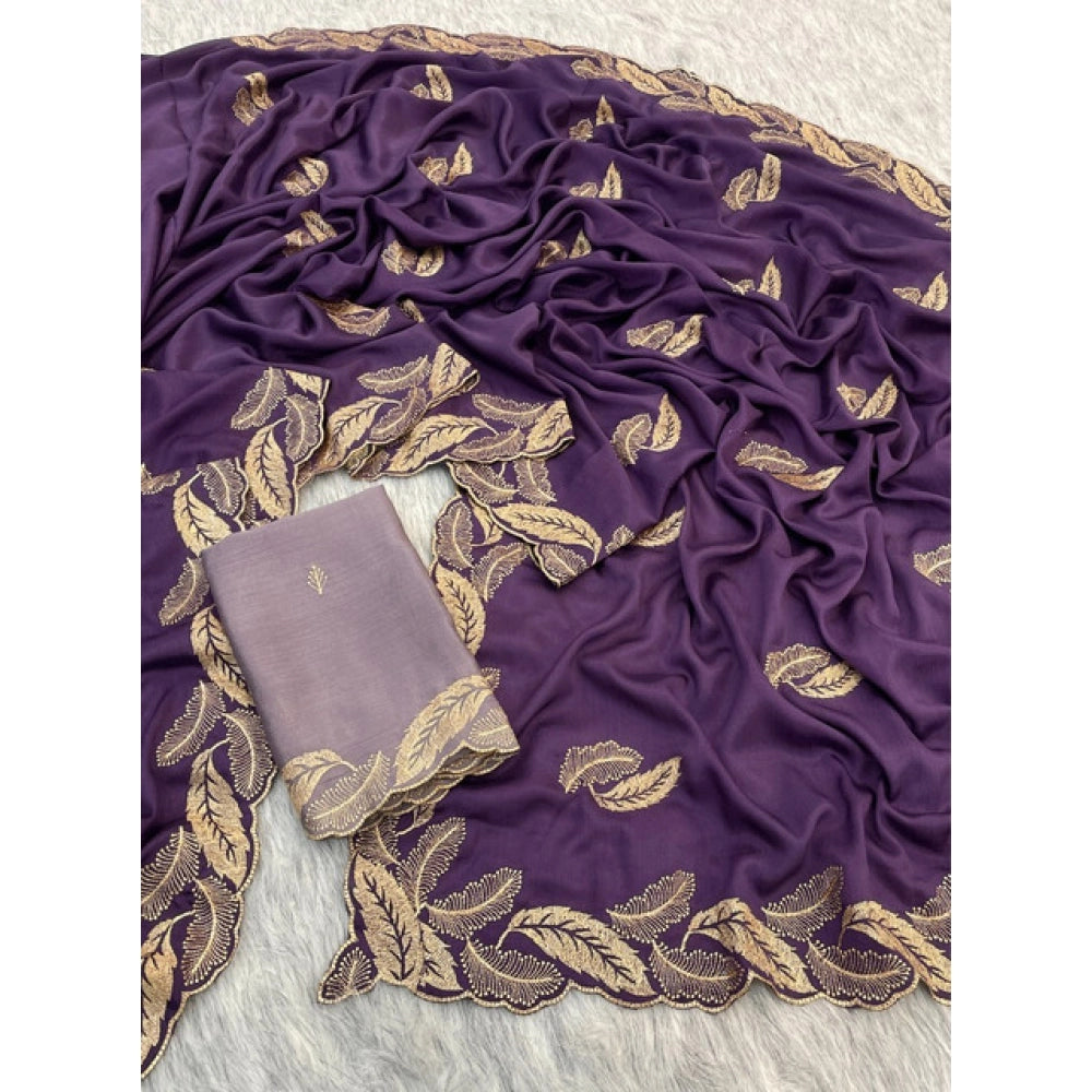 Generic Women's Chiffon Embroidered Saree With Unstitched Blouse 5.5Mtr�(Purple)