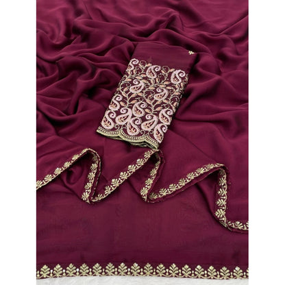 Generic Women's Chiffon Embroidered Saree With Unstitched Blouse 5.5Mtr�(Maroon)