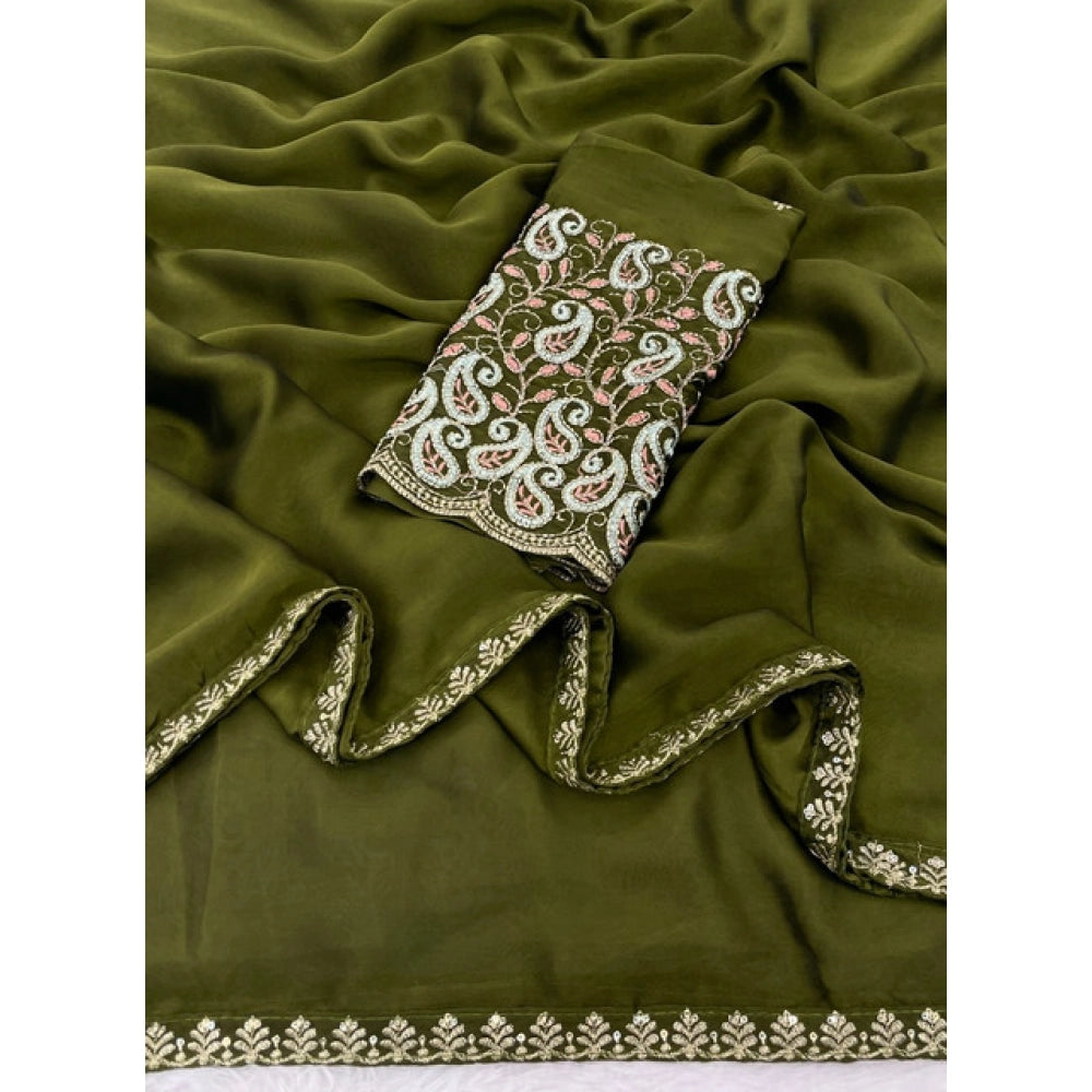 Generic Women's Chiffon Embroidered Saree With Unstitched Blouse 5.5Mtr�(Olive Green)
