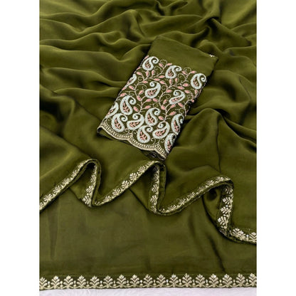 Generic Women's Chiffon Embroidered Saree With Unstitched Blouse 5.5Mtr�(Olive Green)