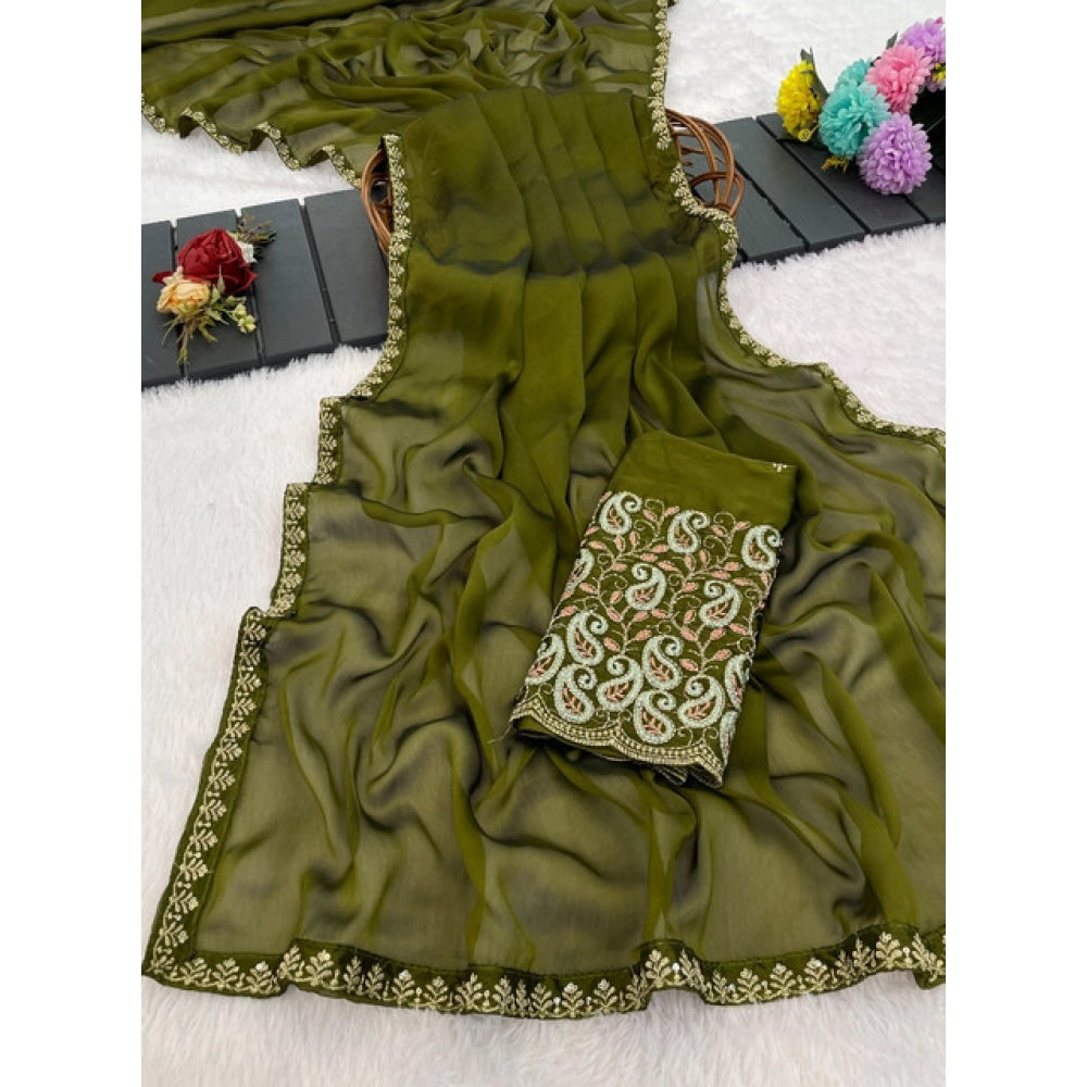 Generic Women's Chiffon Embroidered Saree With Unstitched Blouse 5.5Mtr�(Olive Green)