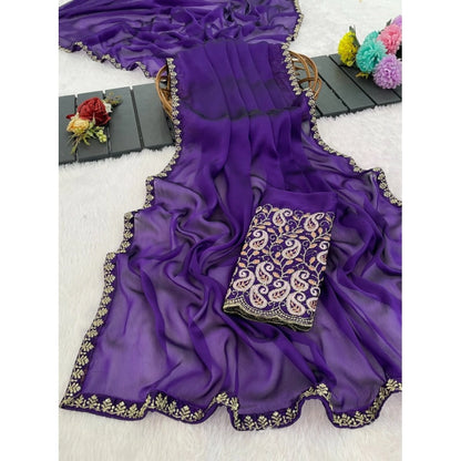 Generic Women's Chiffon Embroidered
 Saree With Unstitched Blouse 5.5Mtr�(Purple)
