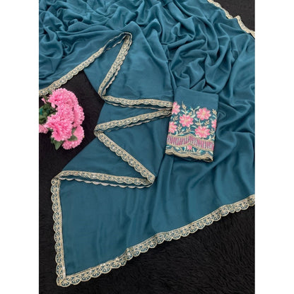 Generic Women's Georgette Embellished Saree With Unstitched Blouse 5.5Mtr�(Teal)