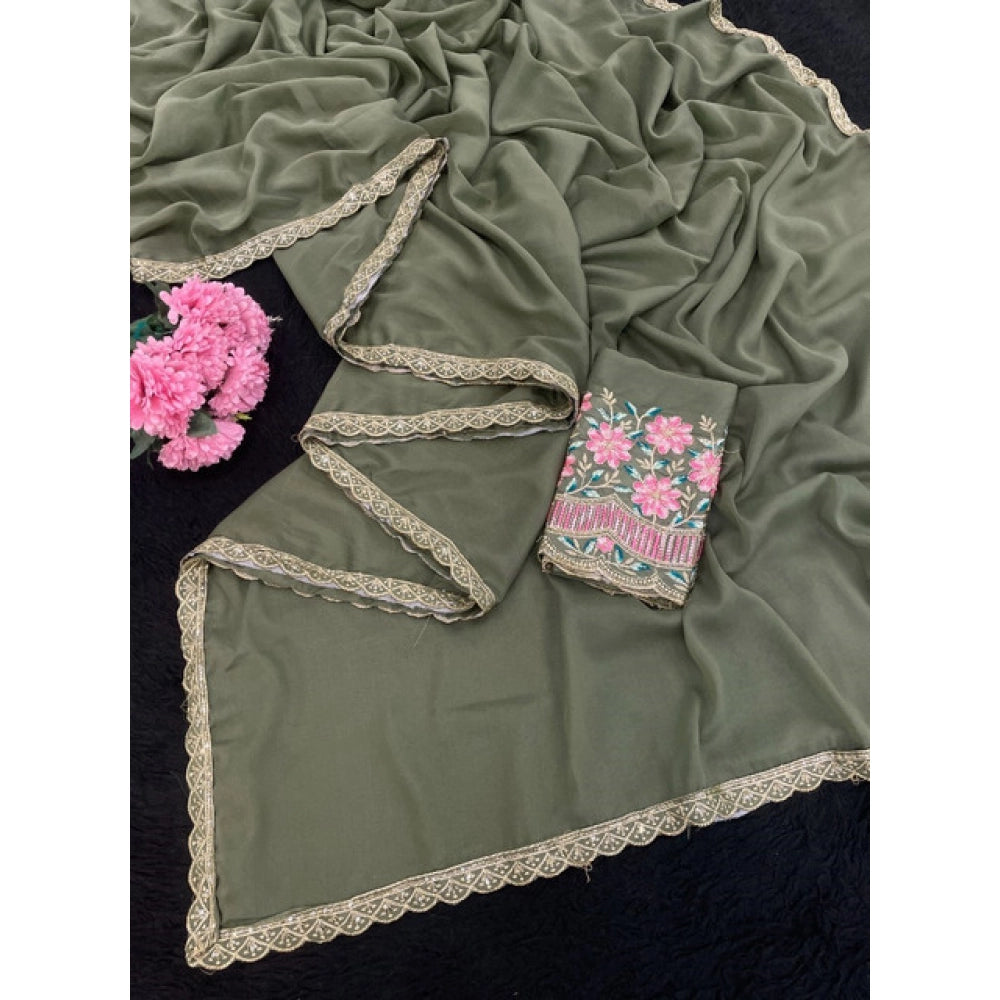 Generic Women's Georgette Embellished Saree With Unstitched Blouse 5.5Mtr�(Olive Green)