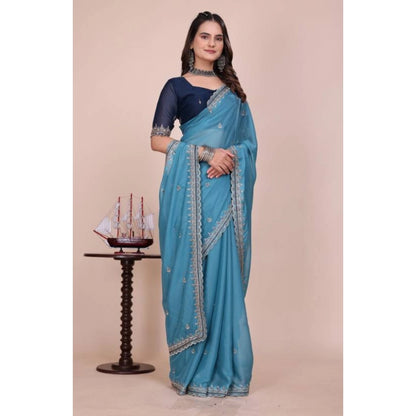 Generic Women's Georgette Embellished Saree With Unstitched Blouse 5.5Mtr�(Aqua Blue)