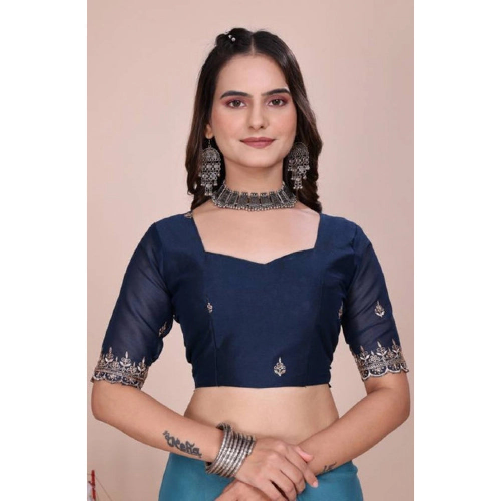 Generic Women's Georgette Embellished Saree With Unstitched Blouse 5.5Mtr�(Aqua Blue)