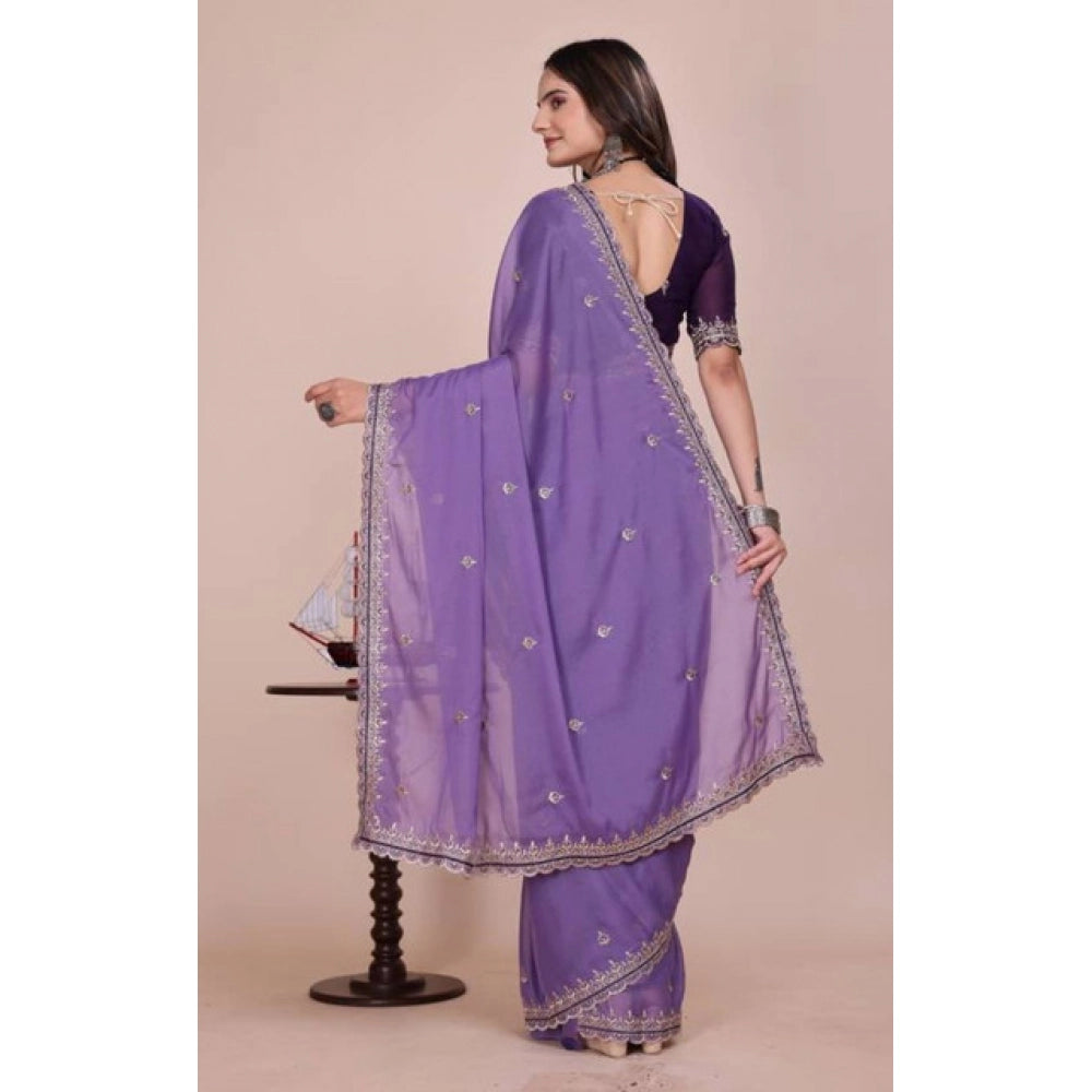 Generic Women's Georgette Embellished Saree With Unstitched Blouse 5.5Mtr�(Purple)