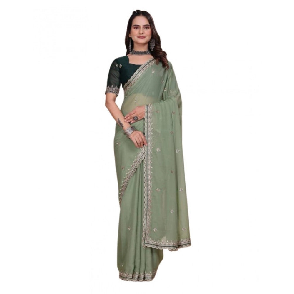 Generic Women's Georgette Embellished Saree With Unstitched Blouse 5.5Mtr�(Pista Green)