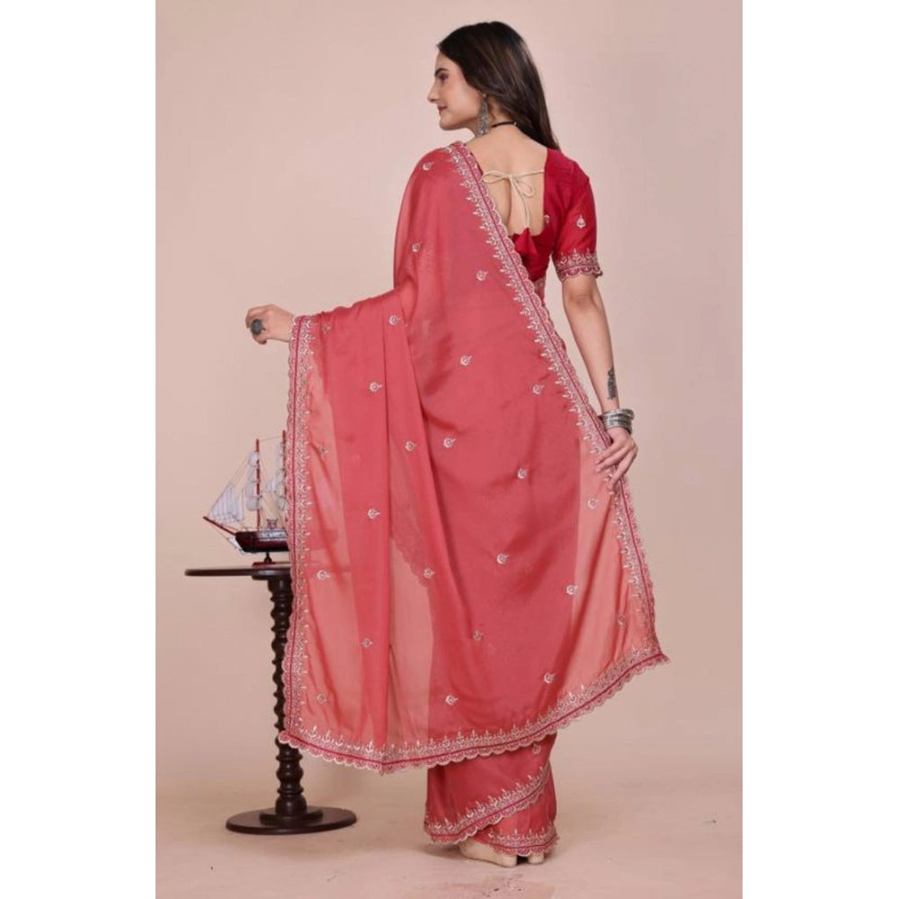 Generic Women's Georgette Embellished Saree With Unstitched Blouse 5.5Mtr�(Coral Red)