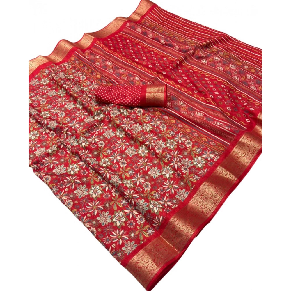 Generic Women's Dola Silk Floral Printed Saree With Unstitched Blouse 5.5Mtr (Red)