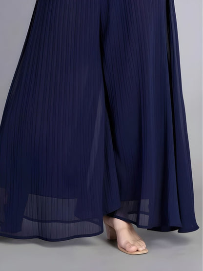 Generic Women's Pack of 1 Georgette Solid High Rise Wide Leg Flared Palazzo with Elastic Waist (Navy Blue)