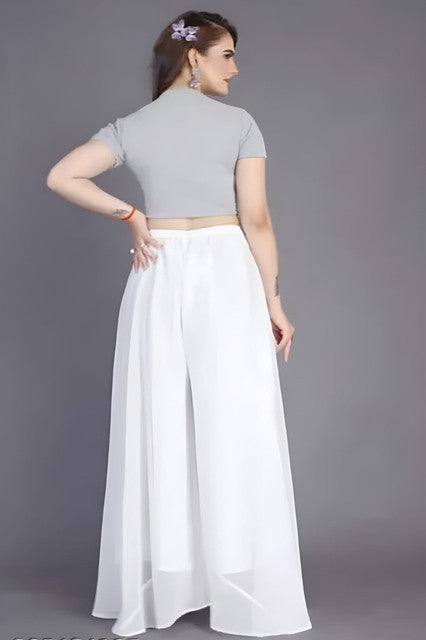 Generic Women's Pack of 1 Georgette Solid High Rise Wide Leg Flared Palazzo with Elastic Waist (White)