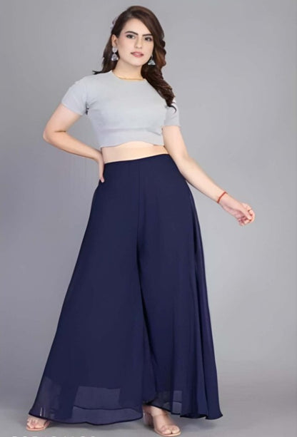 Generic Women's Pack of 2 Georgette Solid High Rise Wide Leg Flared Palazzos with Elastic Waist (Navy Blue)