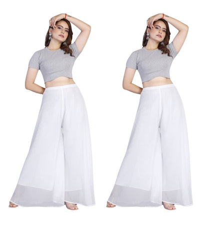 Generic Women's Pack of 2 Georgette Solid High Rise Wide Leg Flared Palazzos with Elastic Waist (White)