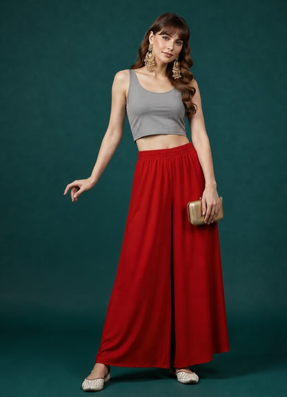 Generic Women's Georgette Solid Mid-Rise Wide Leg Flared Palazzo with Elastic Waist (Red)